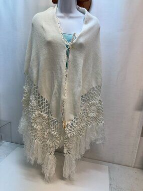 Womans Shawl  White Crochet long Shawl with Fringe
